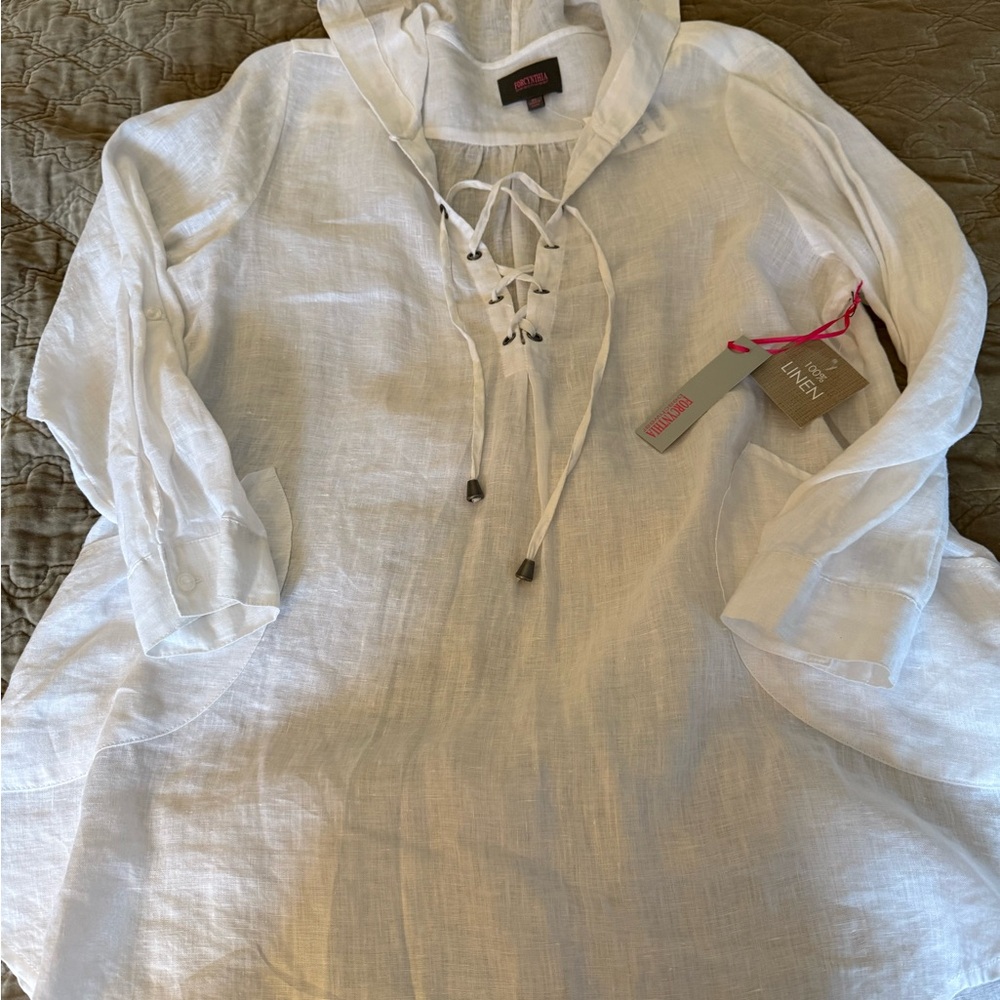 For Cynthia Cream Linen Hooded Top